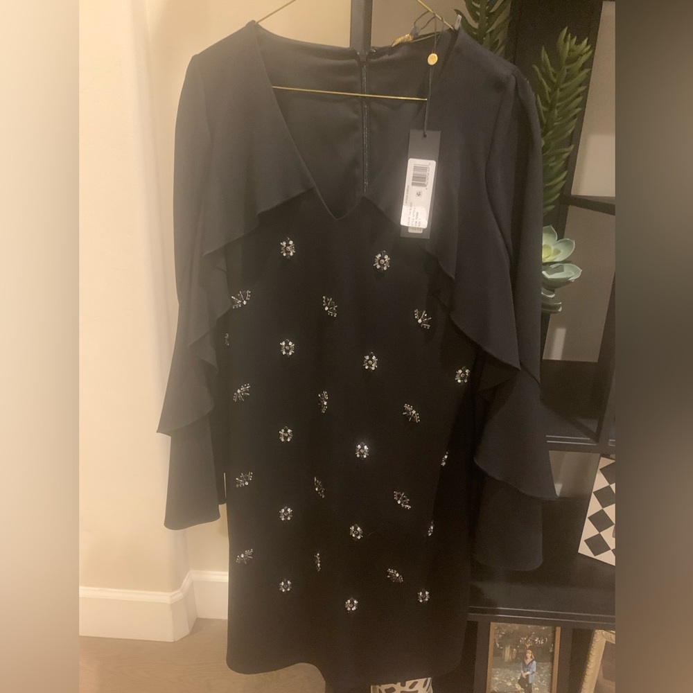 Kobi Halperin- black shift dress with ruffles sheer sleeves and jewel accents